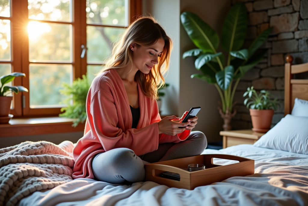 A stylish woman setting a tech-free zone in a bedroom, showcasing how to improve health and wellness in 2025.