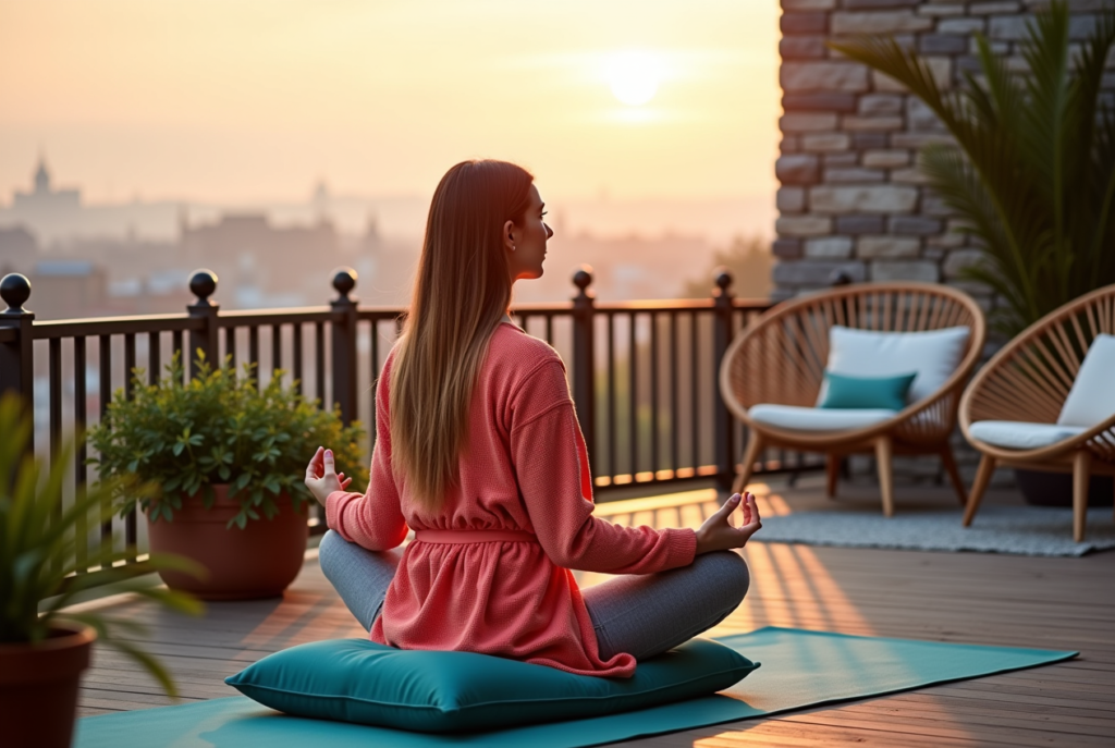 A stylish woman breathing on a balcony, showcasing how to improve health and wellness in 2025.